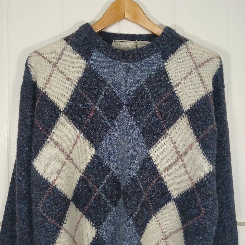 Christopher Hayes Sweater Mens M Blue Argyle Shetland Wool Made in Ireland
